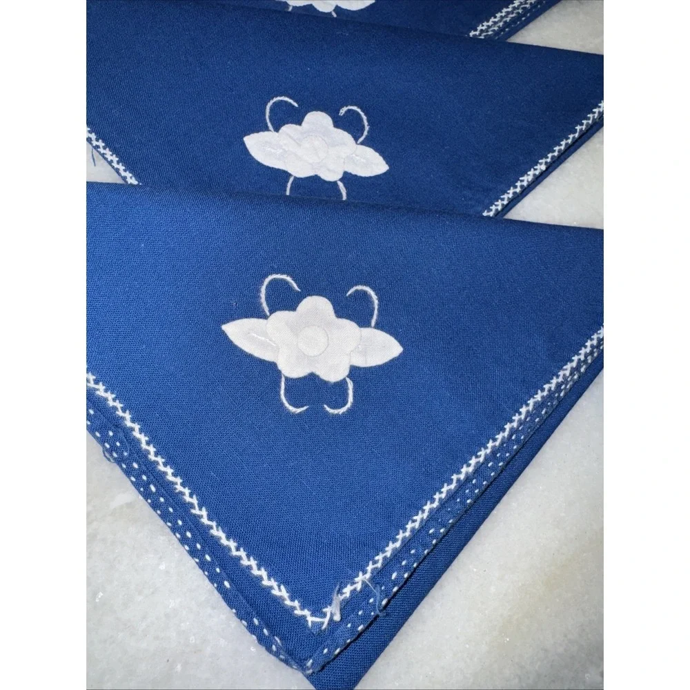Vintage Navy Blue Applaud White Flowers Napkins Set Of‎ 8